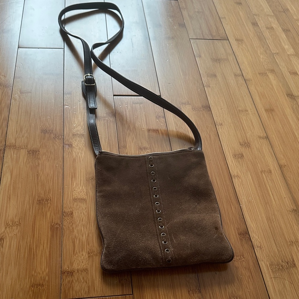 Vintage Y2K Coach Suede Crossbody Bag Dark Brown w/ Brass Eyelet Detail